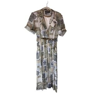 S Fashion Women's‎ Vintage Patchwork Print Belted Midi Dress Short Sleeve